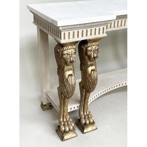 153 - CONSOLE TABLE, Regency style grey painted and parcel gilt with indented carrara marble supported by ... 