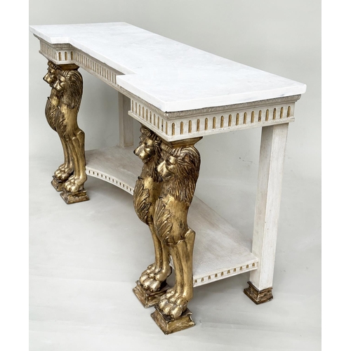 153 - CONSOLE TABLE, Regency style grey painted and parcel gilt with indented carrara marble supported by ... 