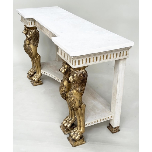 153 - CONSOLE TABLE, Regency style grey painted and parcel gilt with indented carrara marble supported by ... 