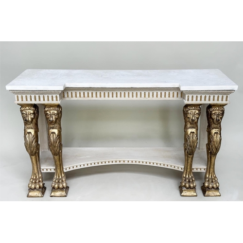 153 - CONSOLE TABLE, Regency style grey painted and parcel gilt with indented carrara marble supported by ... 