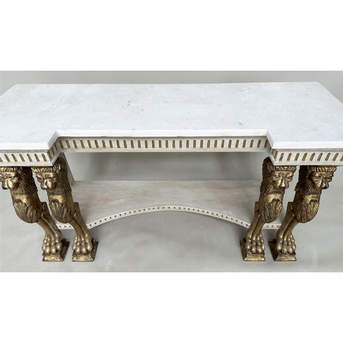 153 - CONSOLE TABLE, Regency style grey painted and parcel gilt with indented carrara marble supported by ... 