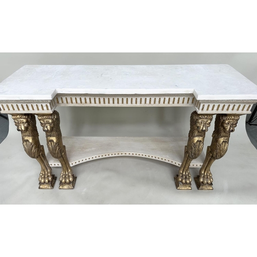 153 - CONSOLE TABLE, Regency style grey painted and parcel gilt with indented carrara marble supported by ... 