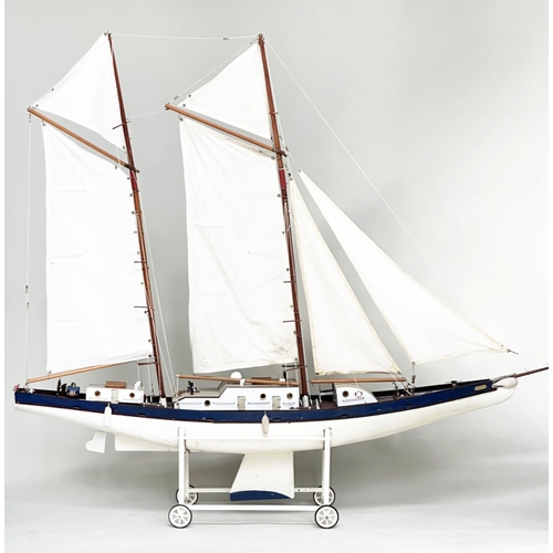 155 - POND YACHT, large twin mast scratch built with detail, sails and lead weight keel, all on stand with... 