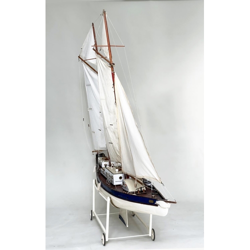 155 - POND YACHT, large twin mast scratch built with detail, sails and lead weight keel, all on stand with... 