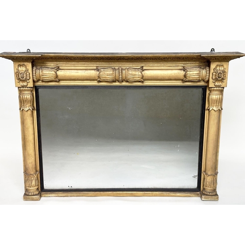 165 - OVERMANTEL MIRROR, early 19th century English William IV giltwood and gesso moulded with ebonised sl... 