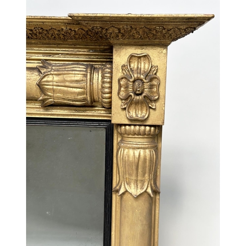 165 - OVERMANTEL MIRROR, early 19th century English William IV giltwood and gesso moulded with ebonised sl... 