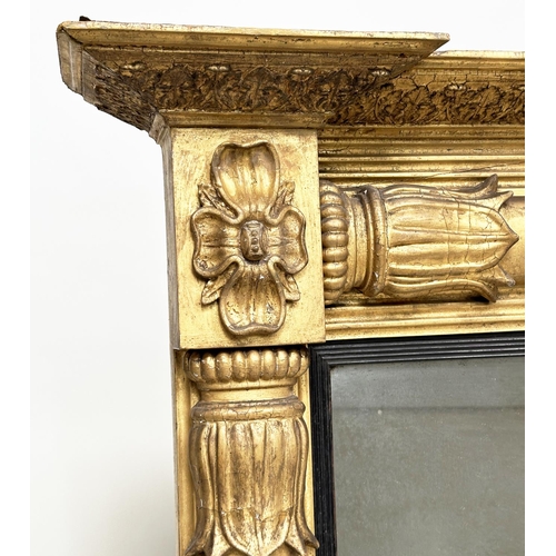 165 - OVERMANTEL MIRROR, early 19th century English William IV giltwood and gesso moulded with ebonised sl... 