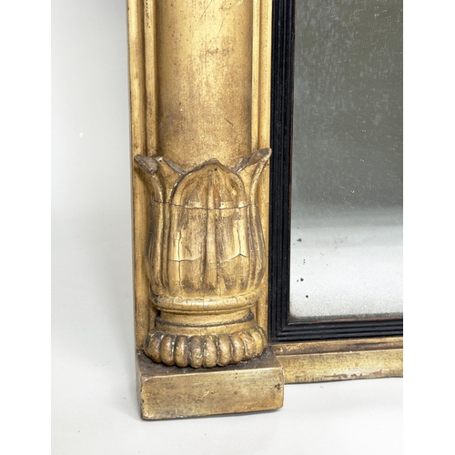 165 - OVERMANTEL MIRROR, early 19th century English William IV giltwood and gesso moulded with ebonised sl... 