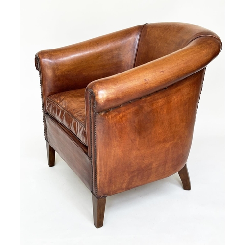 187 - TUB ARMCHAIRS, a pair, brass studded hand finished soft tan brown leather with bow backs and taperin... 