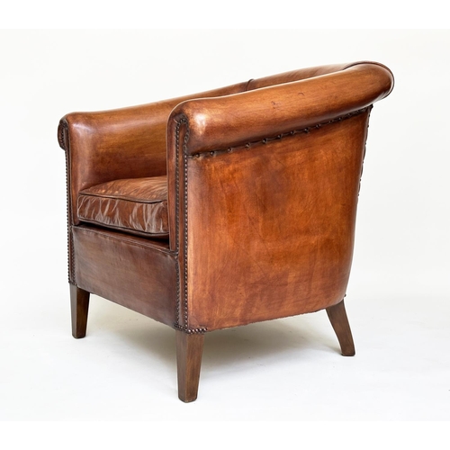 187 - TUB ARMCHAIRS, a pair, brass studded hand finished soft tan brown leather with bow backs and taperin... 