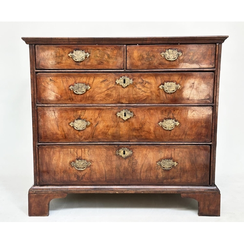 194 - CHEST, early 18th century English Queen Anne figured walnut and crossbanded with two short and three... 