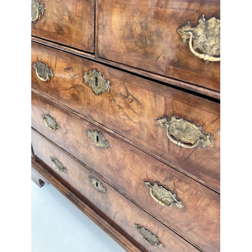 194 - CHEST, early 18th century English Queen Anne figured walnut and crossbanded with two short and three... 