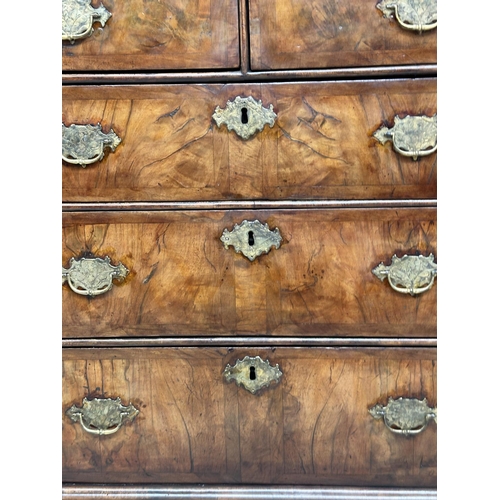 194 - CHEST, early 18th century English Queen Anne figured walnut and crossbanded with two short and three... 