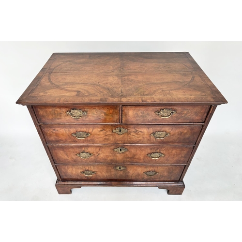 194 - CHEST, early 18th century English Queen Anne figured walnut and crossbanded with two short and three... 