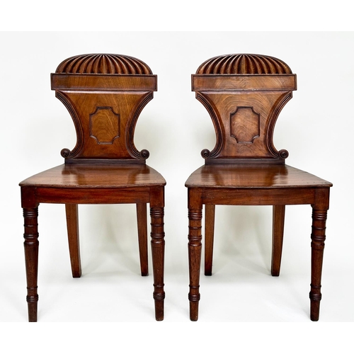 196 - HALL CHAIRS, a pair, Regency mahogany with arched and scrolled backs, panel seats and turned support... 