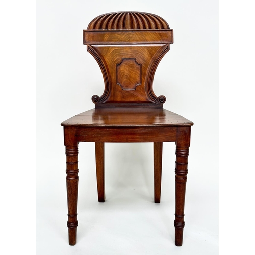 196 - HALL CHAIRS, a pair, Regency mahogany with arched and scrolled backs, panel seats and turned support... 