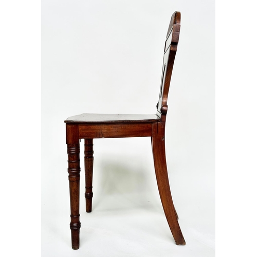 196 - HALL CHAIRS, a pair, Regency mahogany with arched and scrolled backs, panel seats and turned support... 