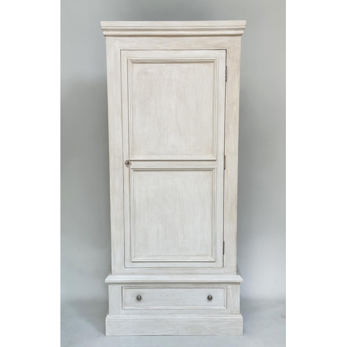 199 - ARMOIRE, French style grey painted with a panelled door enclosing full height hanging space above a ... 