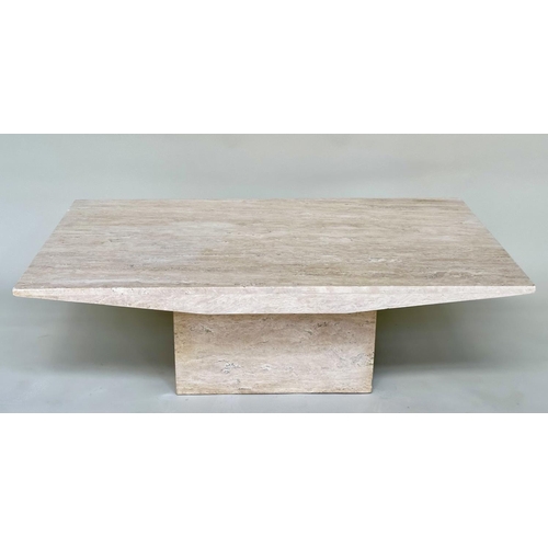 403 - TRAVERTINE LOW TABLE, 1970's Italian rectangular with shaped sides and plinth support, 140cm x 80cm ... 