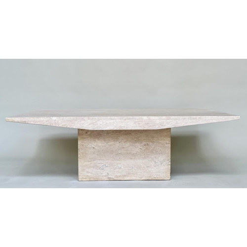 403 - TRAVERTINE LOW TABLE, 1970's Italian rectangular with shaped sides and plinth support, 140cm x 80cm ... 