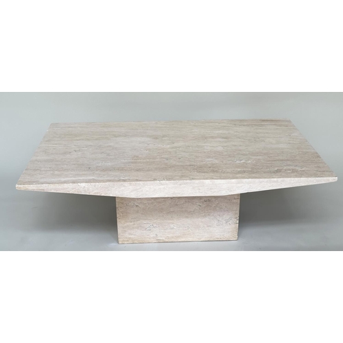 403 - TRAVERTINE LOW TABLE, 1970's Italian rectangular with shaped sides and plinth support, 140cm x 80cm ... 