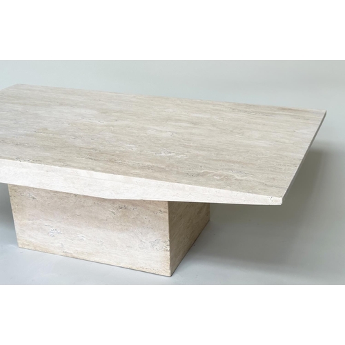 403 - TRAVERTINE LOW TABLE, 1970's Italian rectangular with shaped sides and plinth support, 140cm x 80cm ... 