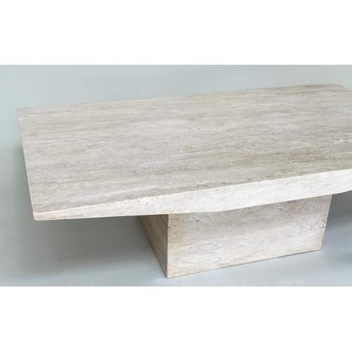 403 - TRAVERTINE LOW TABLE, 1970's Italian rectangular with shaped sides and plinth support, 140cm x 80cm ... 