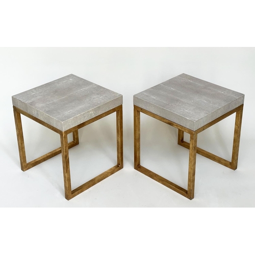 409 - SIDE TABLES, a pair, faux shagreen square with gilded metal square supports, 40cm x 40cm x 45cm H. (... 