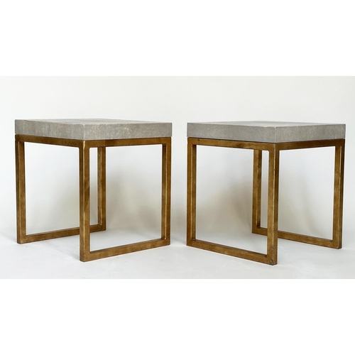 409 - SIDE TABLES, a pair, faux shagreen square with gilded metal square supports, 40cm x 40cm x 45cm H. (... 