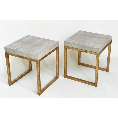 409 - SIDE TABLES, a pair, faux shagreen square with gilded metal square supports, 40cm x 40cm x 45cm H. (... 