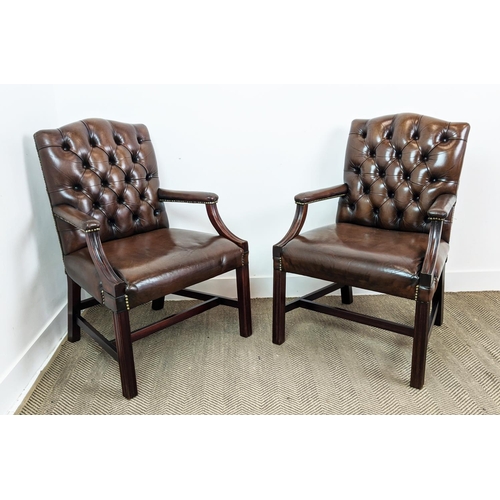 191 - GAINSBOROUGH STYLE ARMCHAIRS, a pair, brown leather upholstered, 98cm H x 67cm W. (2)