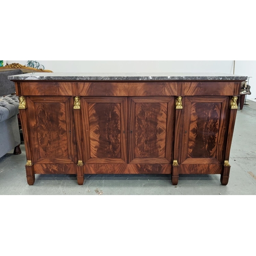 190 - SIDEBOARD, Empire style mahogany and brass mounted with grey marble top above four drawers and four ... 