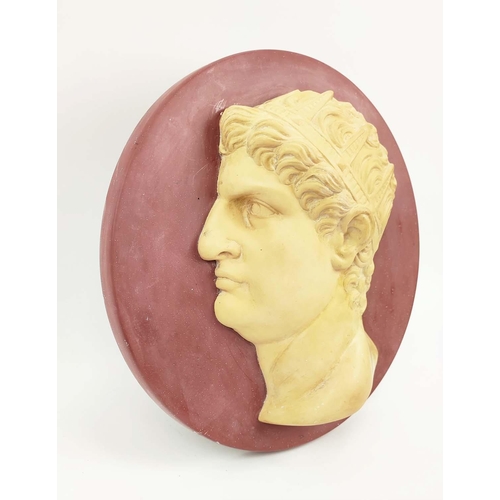 186 - PLASTER PLAQUE, neo-classical style, Roman Emperor and one other, 34cm D x 43cm L x 17cm W. (2)