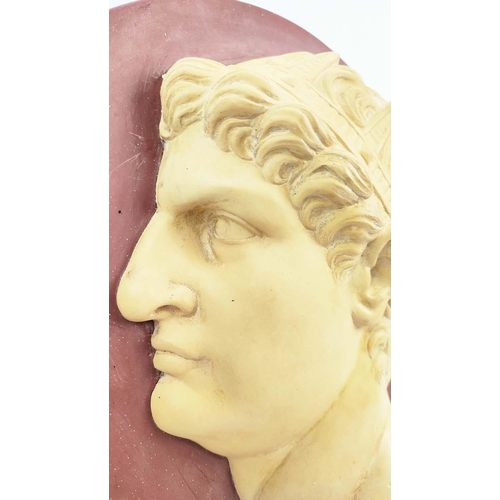 186 - PLASTER PLAQUE, neo-classical style, Roman Emperor and one other, 34cm D x 43cm L x 17cm W. (2)