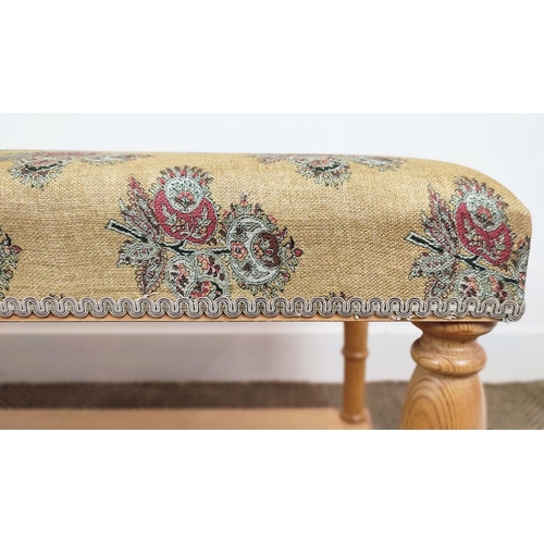 173 - LONG STOOL, pine with yellow patterned upholstery, 47cm H x 150cm W x 45cm D.