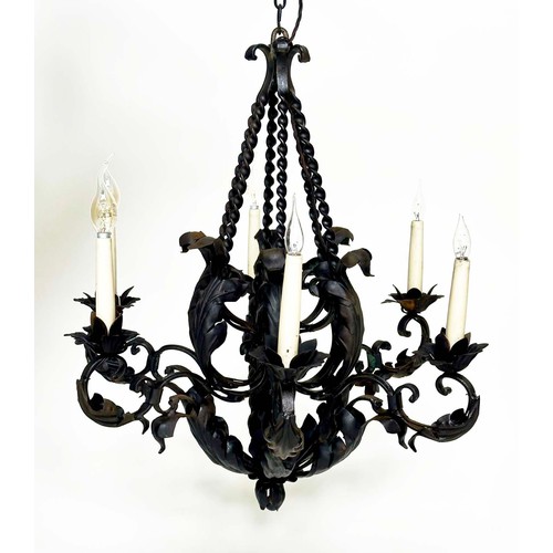 335 - CHANDELIER, scrolling and twisted wrought iron in antique finish with six candle lights, 73cm H.