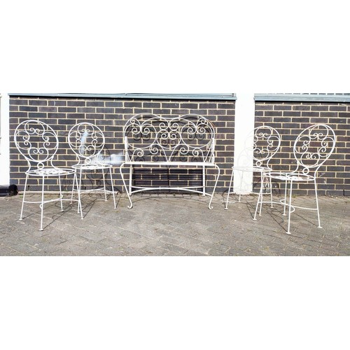 390 - GARDEN SUITE, wrought iron comprising a slatted two seater bench and four matching chairs, scrollwor... 