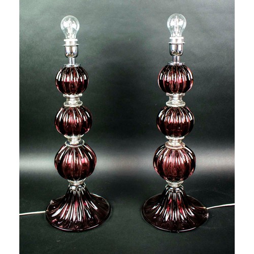 305 - MURANO TABLE LAMPS, 20th century amethyst glass and chrome finish collars, 59cm H.