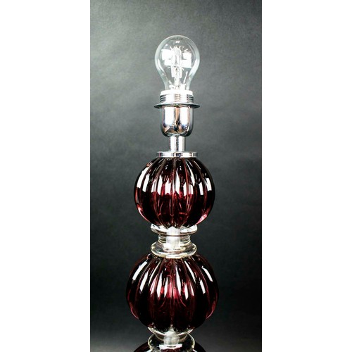 305 - MURANO TABLE LAMPS, 20th century amethyst glass and chrome finish collars, 59cm H.