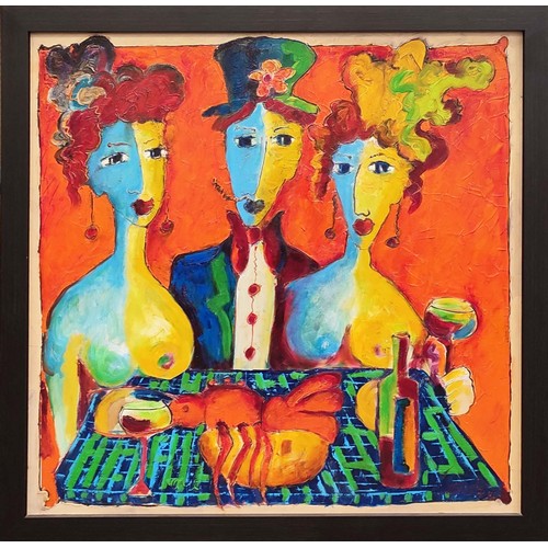 67 - LAURENS BARNARD (B.1957), 'Figures at a table', oil on canvas, 100cm x 100cm, framed.