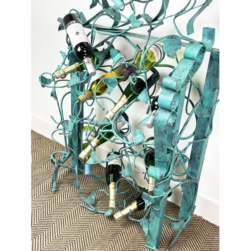 212 - N. M. KENNEDY SCULPTURED WINE RACK, scrolling grapevine metal work, in painted Verdigris finish, sig... 