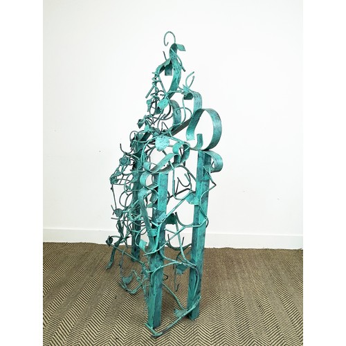 212 - N. M. KENNEDY SCULPTURED WINE RACK, scrolling grapevine metal work, in painted Verdigris finish, sig... 