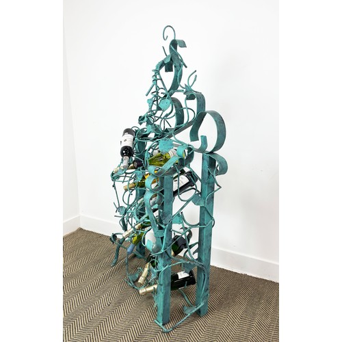 212 - N. M. KENNEDY SCULPTURED WINE RACK, scrolling grapevine metal work, in painted Verdigris finish, sig... 