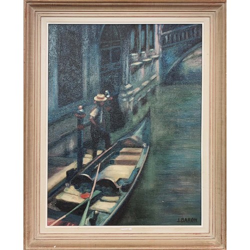 76 - J BARON, 'Gondolier Beside a Venetian Canal', oil on canvas, 59cm x 44cm, signed framed.