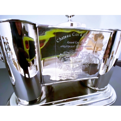 429 - WINE COOLER, polished metal with engraved detail and two bottle holders. 20cm H x 32cm W