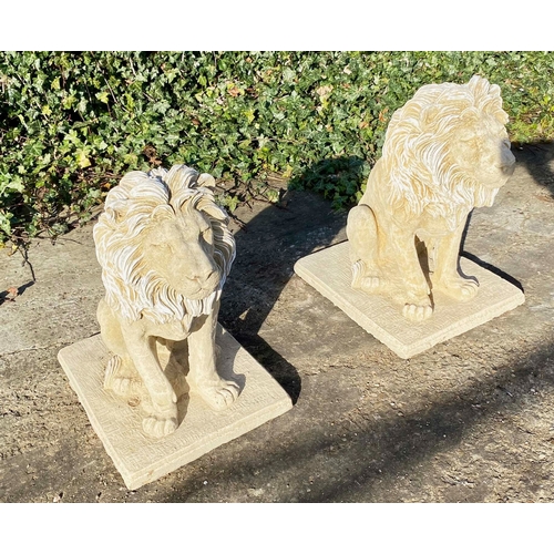 431 - SCULPTURAL LIONS, a pair, composite stone, 70cm H x 42cm W x 65cm D (2)