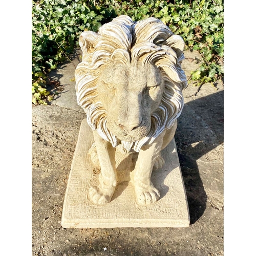 431 - SCULPTURAL LIONS, a pair, composite stone, 70cm H x 42cm W x 65cm D (2)