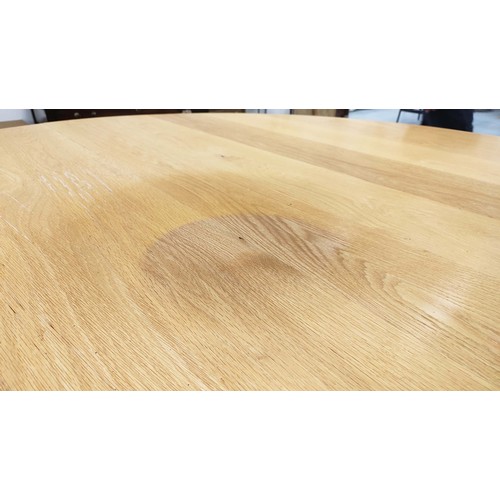 311 - DINING CENTRE TABLE, hand joined oak with circular top on tripartite baluster columns and shared str... 