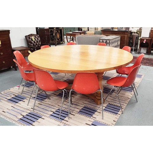 311 - DINING CENTRE TABLE, hand joined oak with circular top on tripartite baluster columns and shared str... 