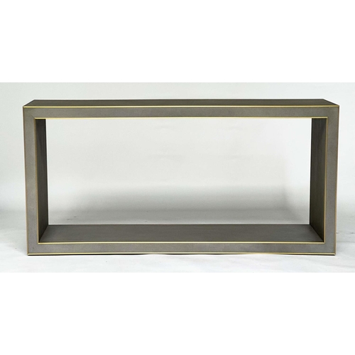 473 - FAUX SHAGREEN CONSOLE TABLE, grey faux shagreen and gilt metal bound with undertier, 170cm W x 40cm ... 